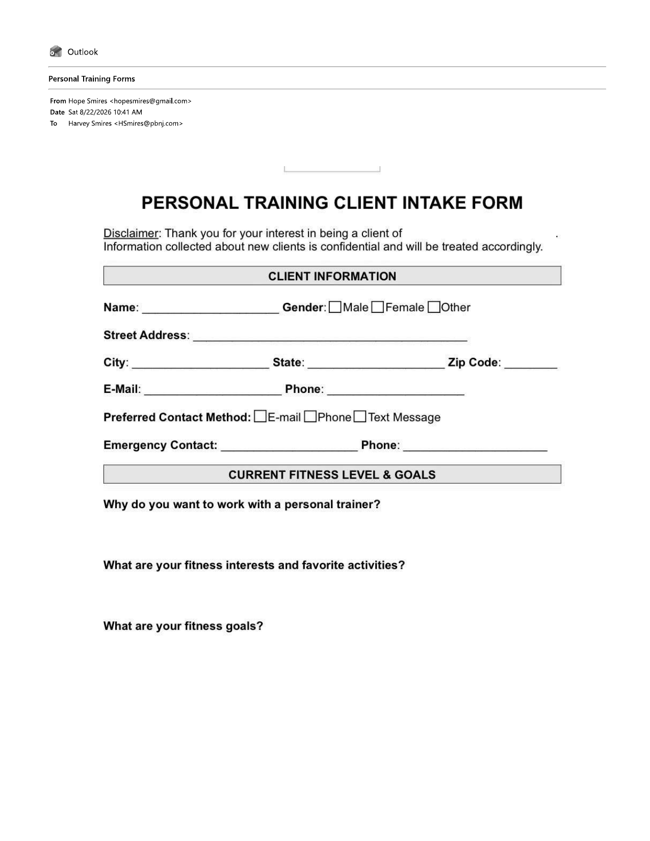 Hope for Fitness form page 1